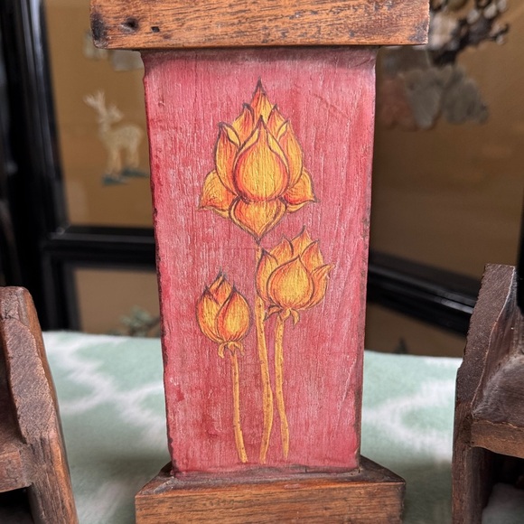 Vintage Rustic Wooden Candle Holders with Buddha and Lotus Design - Picture 3 of 10